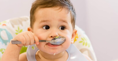 Before you know it, your child is going to start reaching for your food and her eyes will start following your utensil